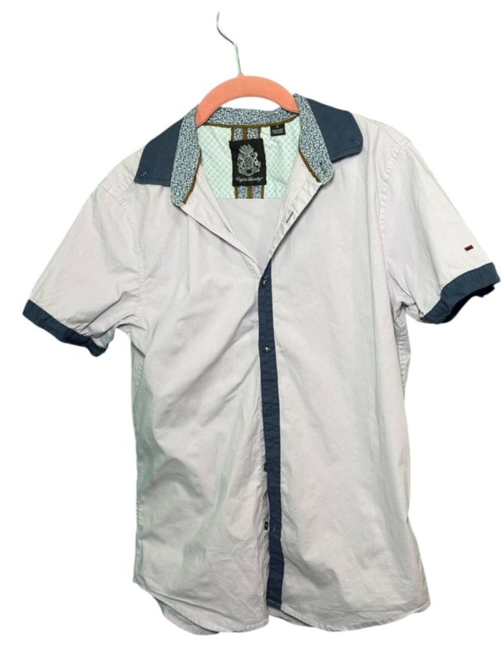English Laundry Short Sleeve Button-Up Shirt | Size M | Cream Navy Trim | Preppy